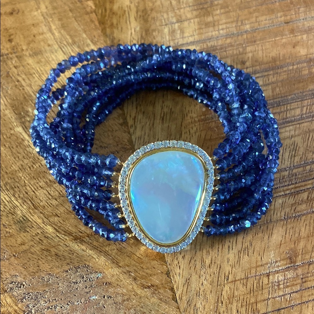 Meher Vermeil Mother of Pearl & Iolite Bead Stretch Bracelet